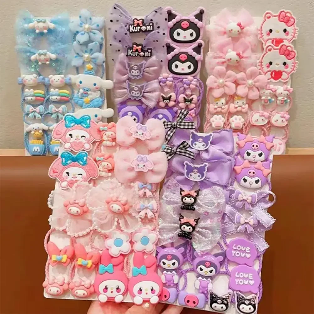 sanrio 18Pcs/set Kuromi Stretch Bow Hair Tie for Kids My Melody Double Ponytail Leather Band Hair Accessories Student Gift