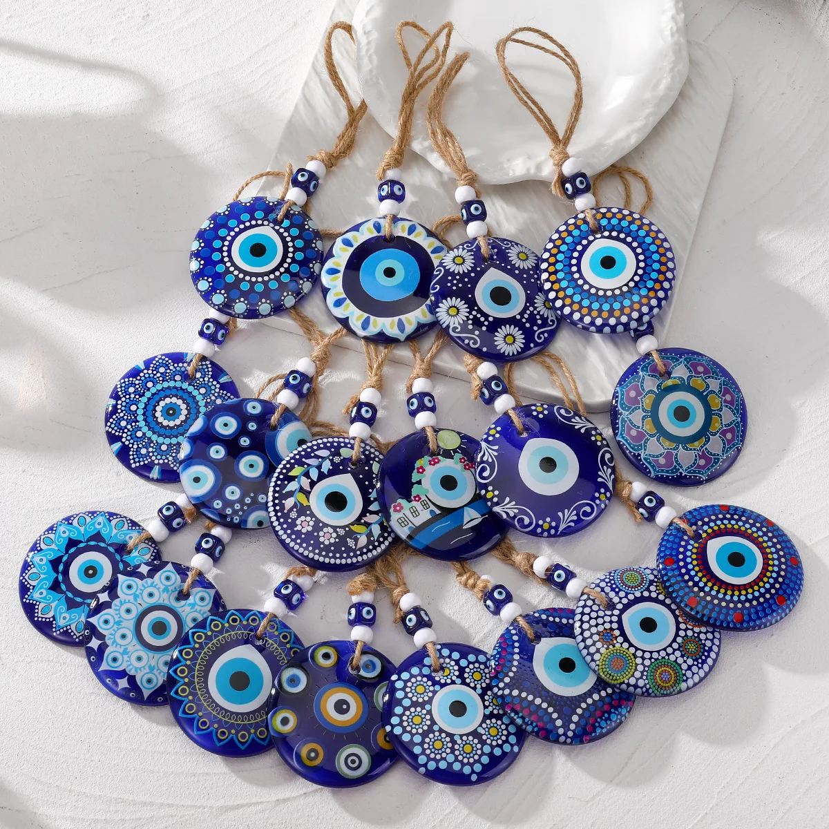 12pc Coloured Acrylic Tribal Totem Print Ethnic Blue Evil Eye Keyrings Charms Lucky Turkish Bag Pendant Keychains Jewelry