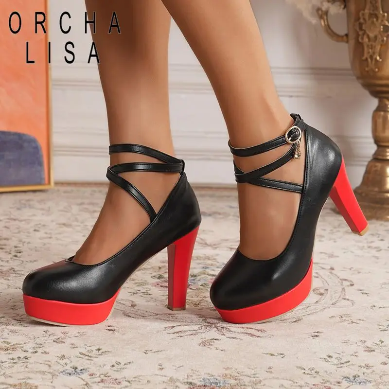 

ORCHA LISA 2025 Сексуальные женские туфли-лодочки с круглым носком на блочном каблуке 10 см на платформе с пряжкой и ремешком Разноцветные туфли размера плюс 40 41 42 43 Туфли для вечеринок