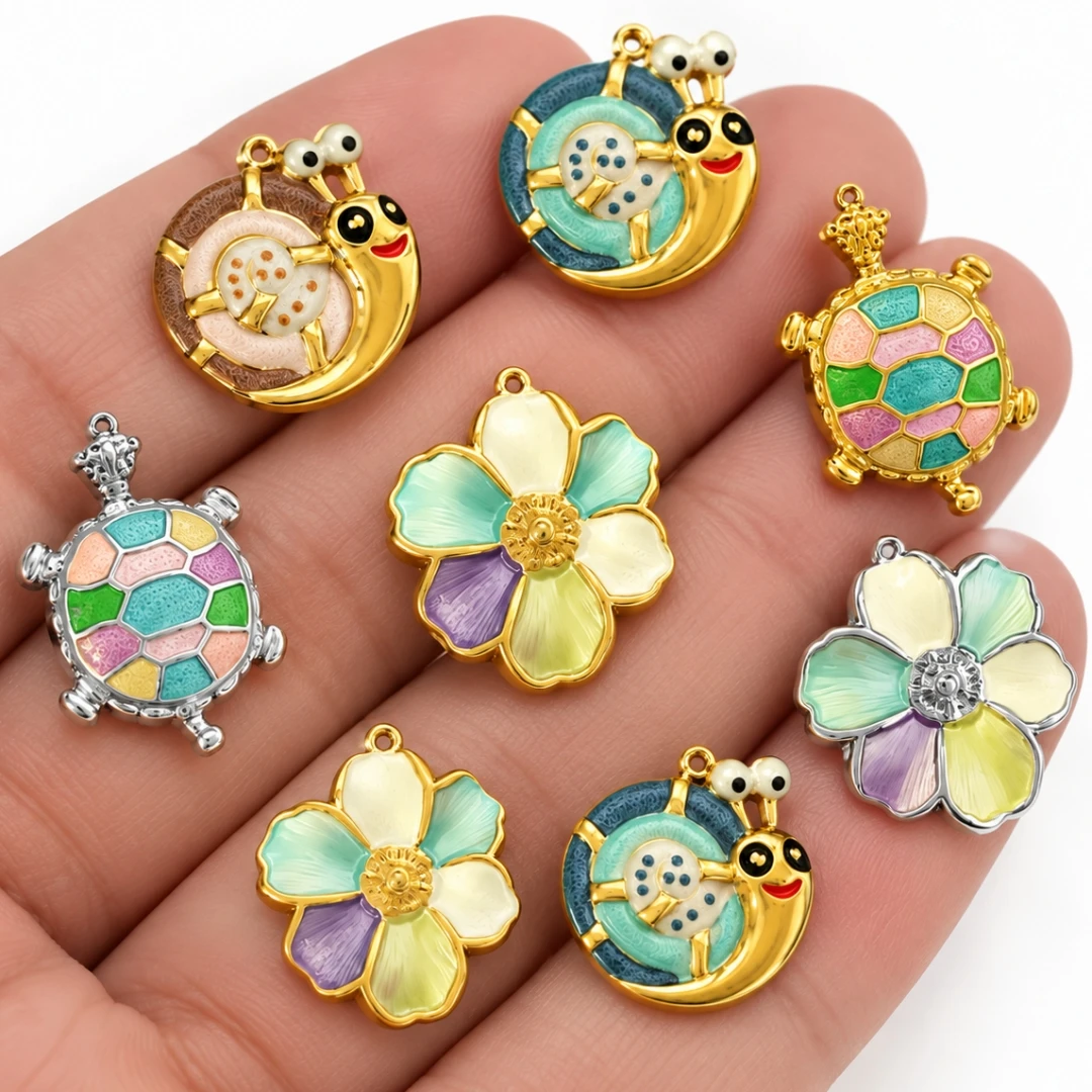 2pcs Stainless Steel Enamel Charms 18K Gold Plated Flower Colorful Spray Paint Pendant For DIY Necklace Jewelry Making Findings