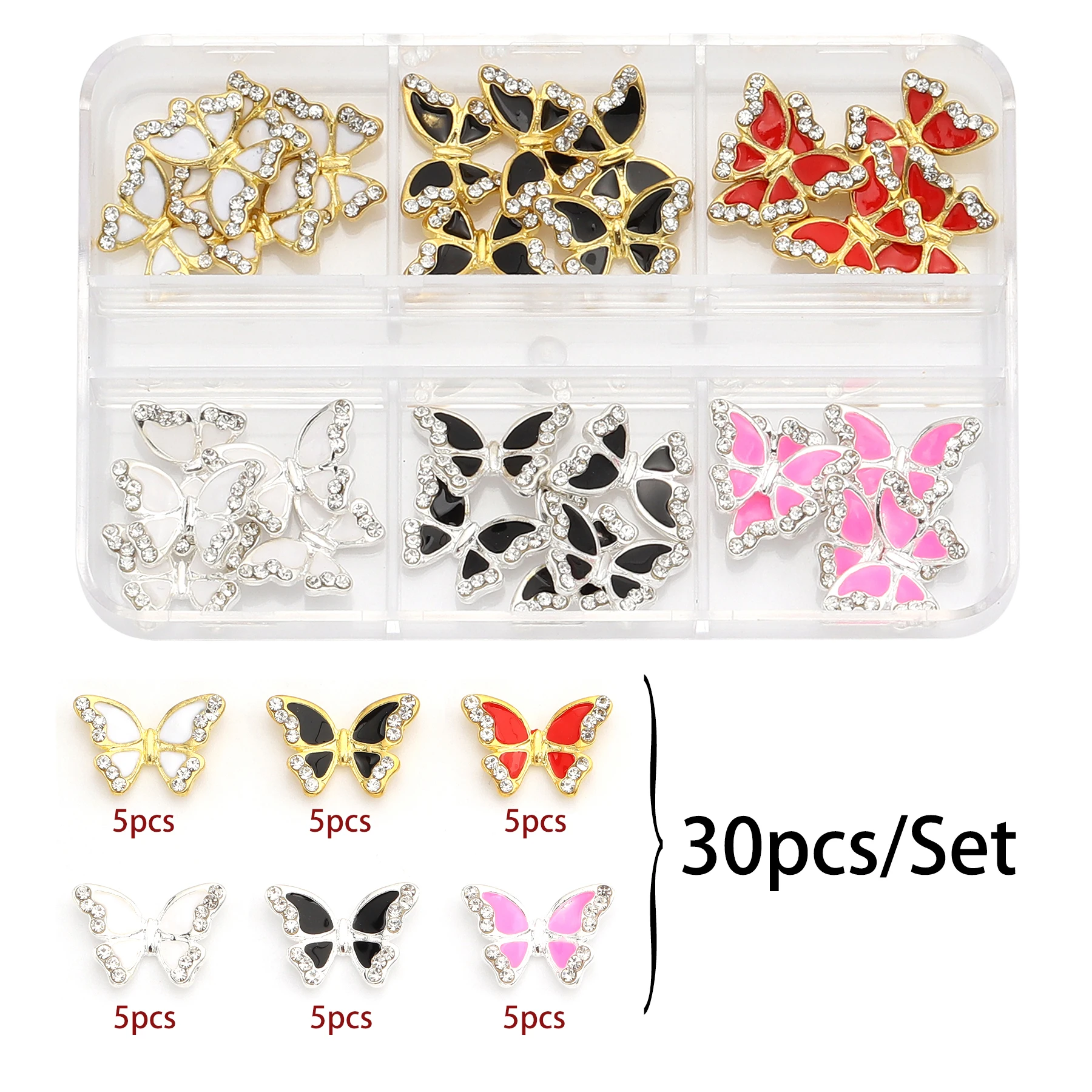 30 Pcs/Set Luxury Metal Cross Butterfly Heart Nail Art Decoration Shining Rhinestone Gemstone Diamond Charm DIY nail accessories