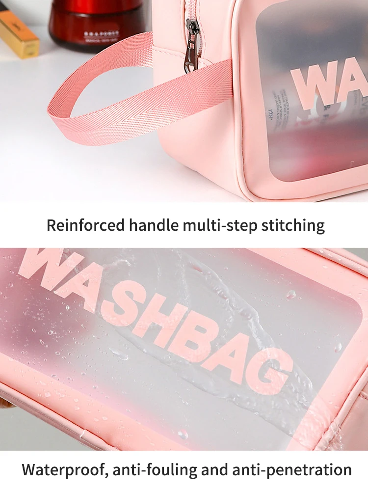 1 Stück PU Transparente Dreiteilige Kosmetik- und Toilettenartikel-Tasche, Große Kapazität PVC Halbtransparente Mattierte Tragbare Aufbewahrungstasche – Detail 5