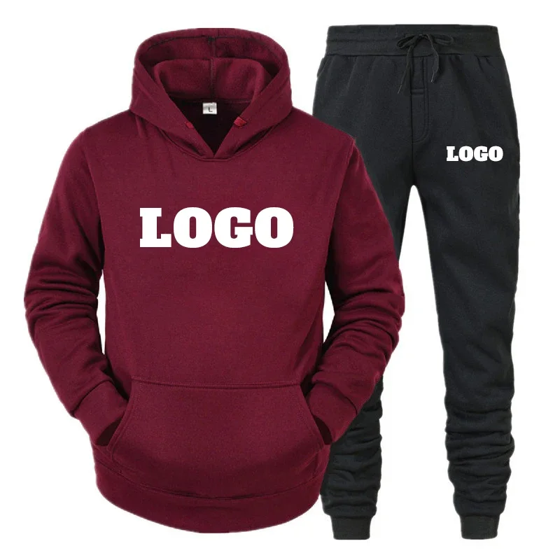 Men's customized logo sportswear, hooded sweatshirt and pants set, running and casual sportswear, 2 pieces.