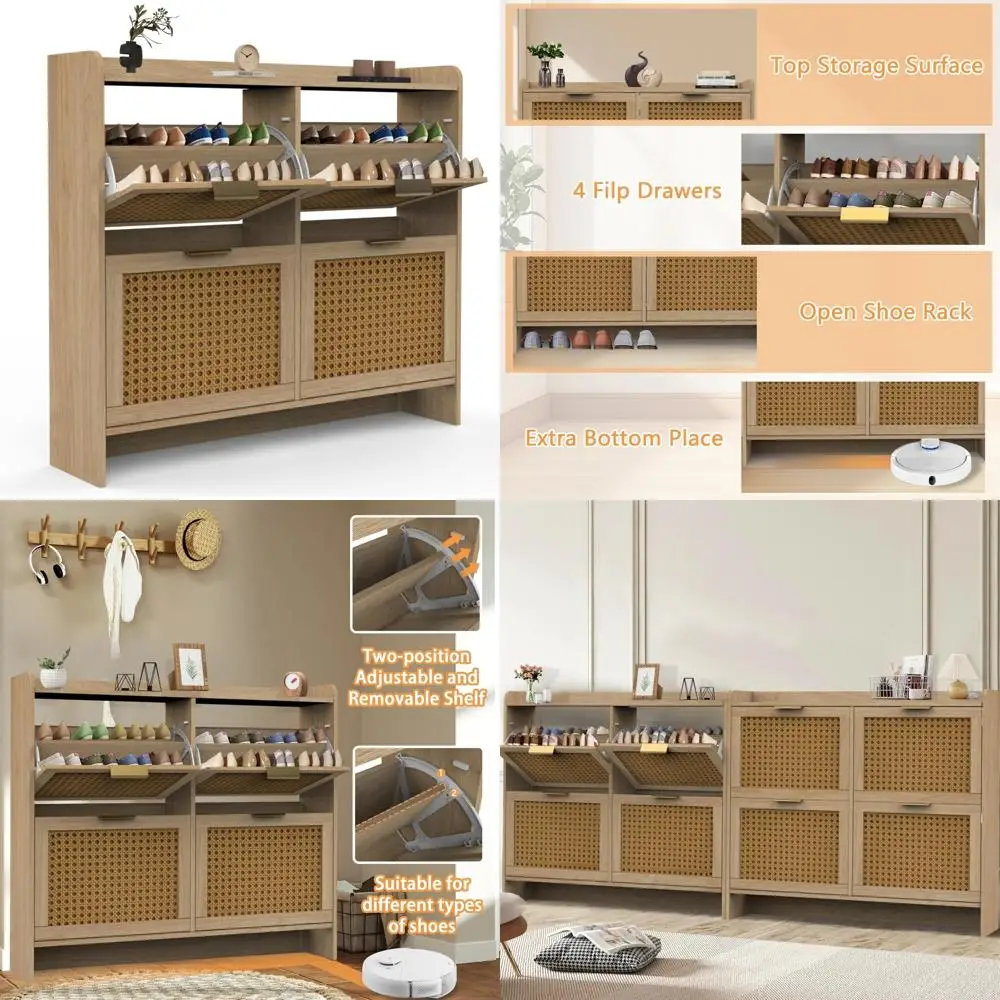 رف منظم للأحذية الضيق قائم بذاته مع درجين وأرجل معدنية، وخزانة تخزين خشبية طبيعية للمدخل