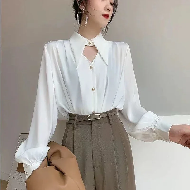 Casual Shirts Women Fashion Elegant Solid Soft Streetwear Long Sleeve Blouse Hollow Out Office Lady V-Neck Simple Design Tops