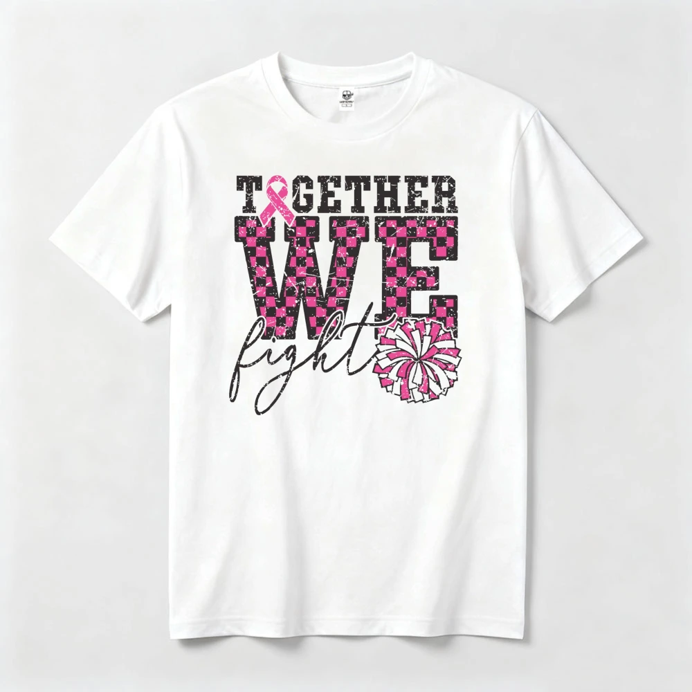 Together We Fight Cheerleader T Shirt Women Pink Checkered Pom Ribbon Graphic Tee White Summer Casual Top