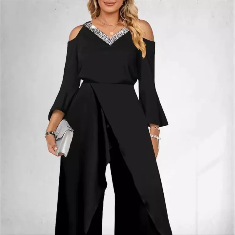 Autumn Women's Sexy Cold Shoulder Jumpsuit Sequin Decorate Flared Sleeve High Slit Wide Leg Party Elegant Romper Spring New