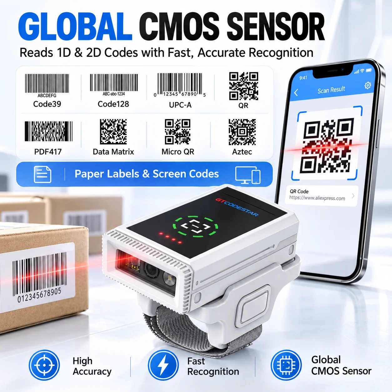 GT-780B Wireless Ring Barcode Scanner 1D 2D Bluetooth 2.4G CMOS 720mAh Wearable Scanner for Warehouse Retail POS