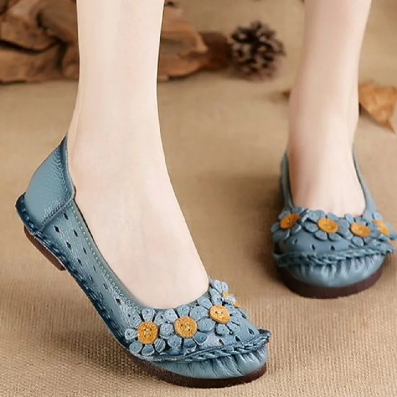 Feerldi Blue Mom Casual Flats Woman Soft Floral Oxford Shoes for Women Summer Genuine Leather Shoes Ladies Handmade Sewing Flats