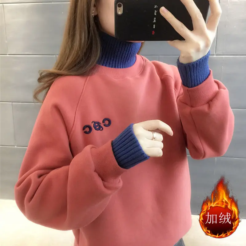 2023 Autumn and Winter Women\'s Half High Collar Long Sleeve Loose Embroidery Pullovers Korean Fashion Casual Office Lady Tops