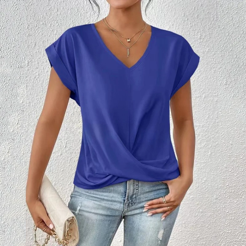 เซ็กซี่ V คอจีบ HemShort แขนเสื้อเสื้อ Office Lady ฤดูใบไม้ผลิฤดูร้อนสบายๆหลวมเสื้อยืดสีขาวสําหรับผู้หญิงหญิง