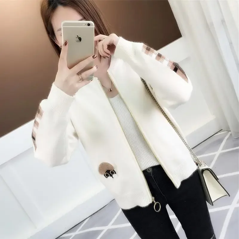 Zip-up Embroidered Women's Knitted Bomber Jackets 2025 Trend Long Sleeve New Products Female Baseball Aviator Coats High Quality