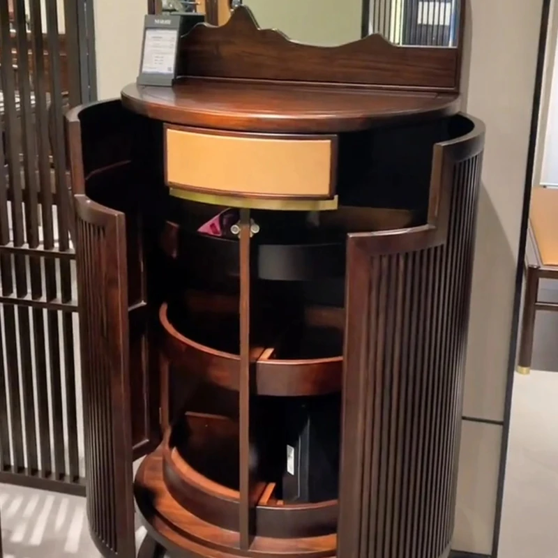 

New Chinese Ebony Dresser Modern Bedroom Solid Wood Dresser Integrated Mirror Round Dresser Jewelry Storage
