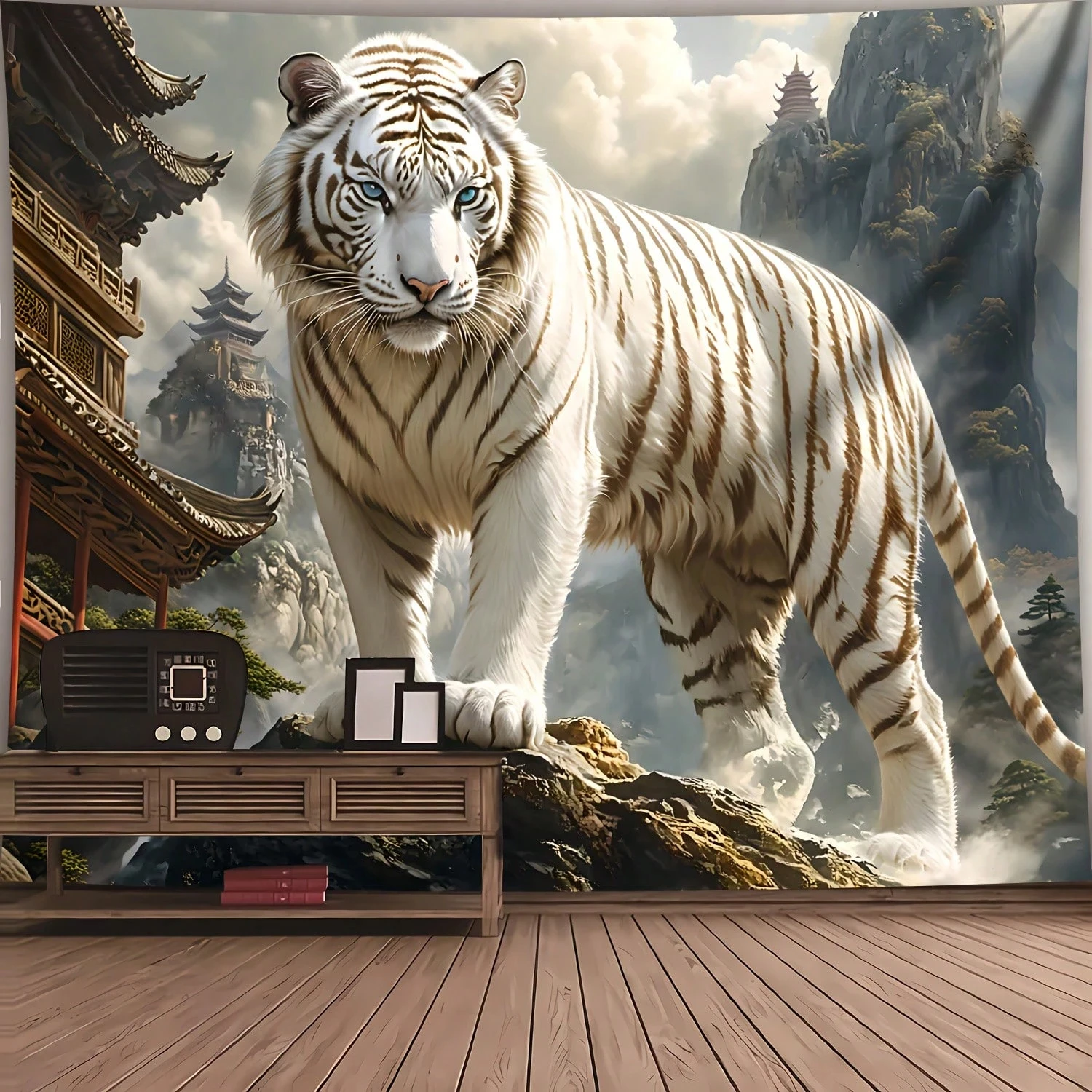1 Pc Large Majestic Tiger & Pagoda Tapestry, Realistic Asian Landscape Wall Decor, No Installation Needed, Peach Beige for Livin