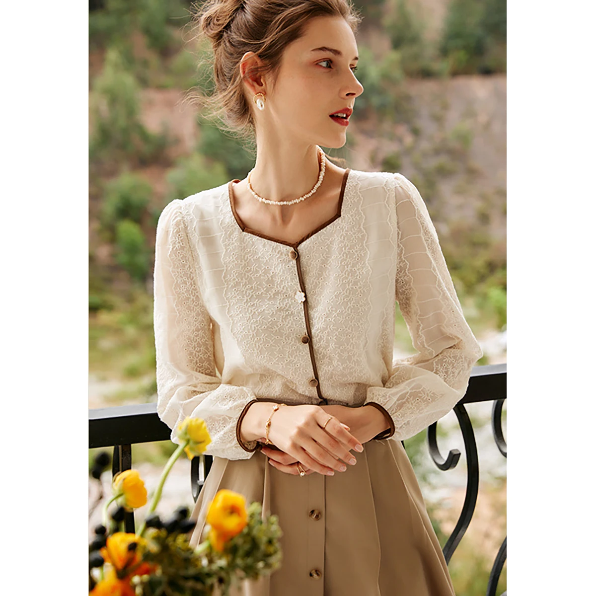 OLrain Square Neck Blouses Puffed Sleeves Chiffon Shirts 100% Cotton Women Spring Elegant Lace Bubble Cardigan Tops M56QC60528