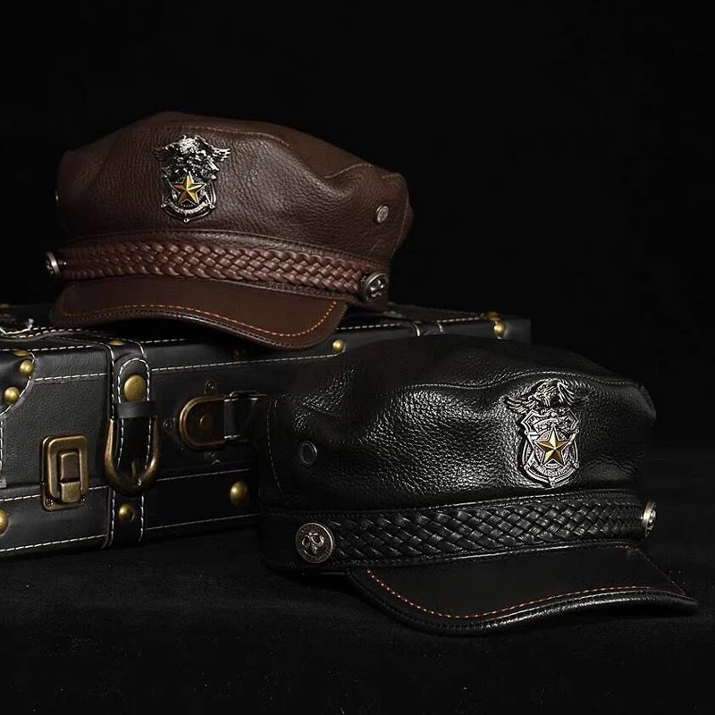 Exclusive Retro Military Cap Man Genuine Leather Flat Top Hat Korean Fashion Eagle Mark Braid Leather Punk Locomotive Casquette