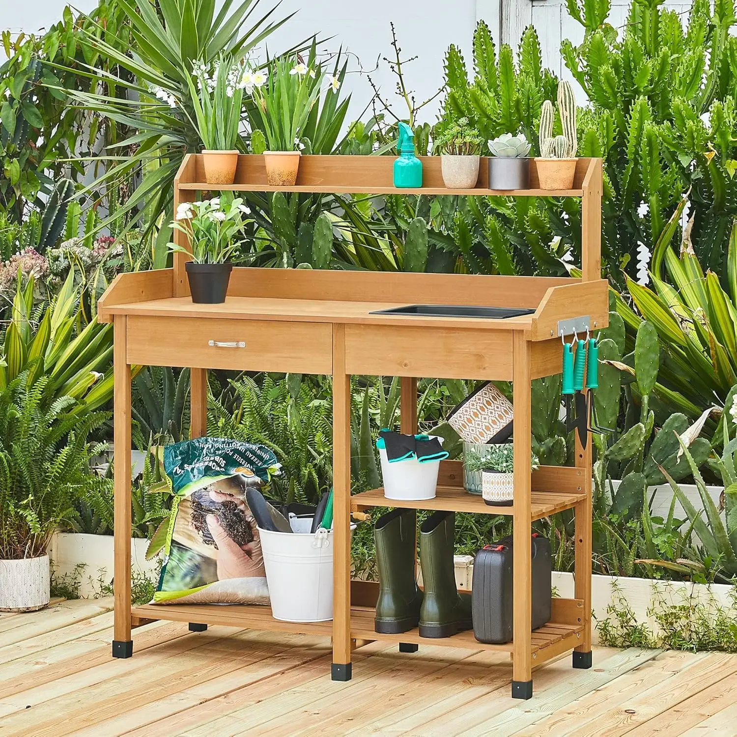 

Yaheetech Potting Bench Outdoor Garden Work Bench Station Planting Solid Wood Construction w/Sink Drawer Rack Shelves