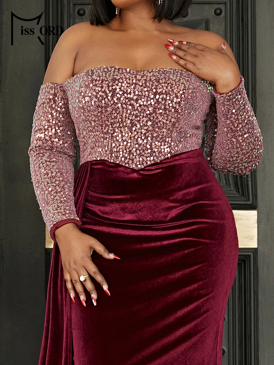 Missord Wine Sequin Velvet Plus Size Party Dress Women Off Shoulder Long Sleeve Draped Bodycon Mermaid Evening Dresses Prom Gown