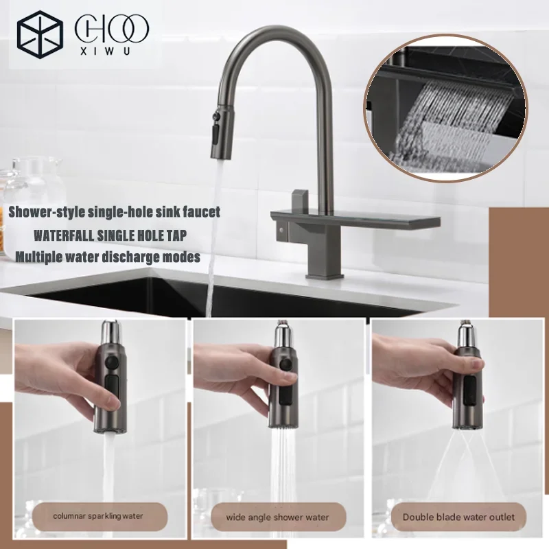 

Premium Chrome Plated Brass Kitchen Faucet with Digital Display Pull out Sink Basin Waterfall Cold Hot Water Three Function Kitc