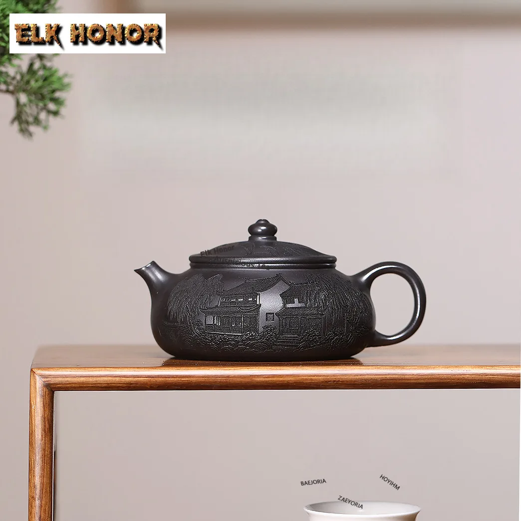 

220ml Yixing Purple Clay Teapots Handmade Han Jiang Pot Raw Ore Black Mud Tea Brewing Kettle With Infuser Chinese Zisha Tea Set
