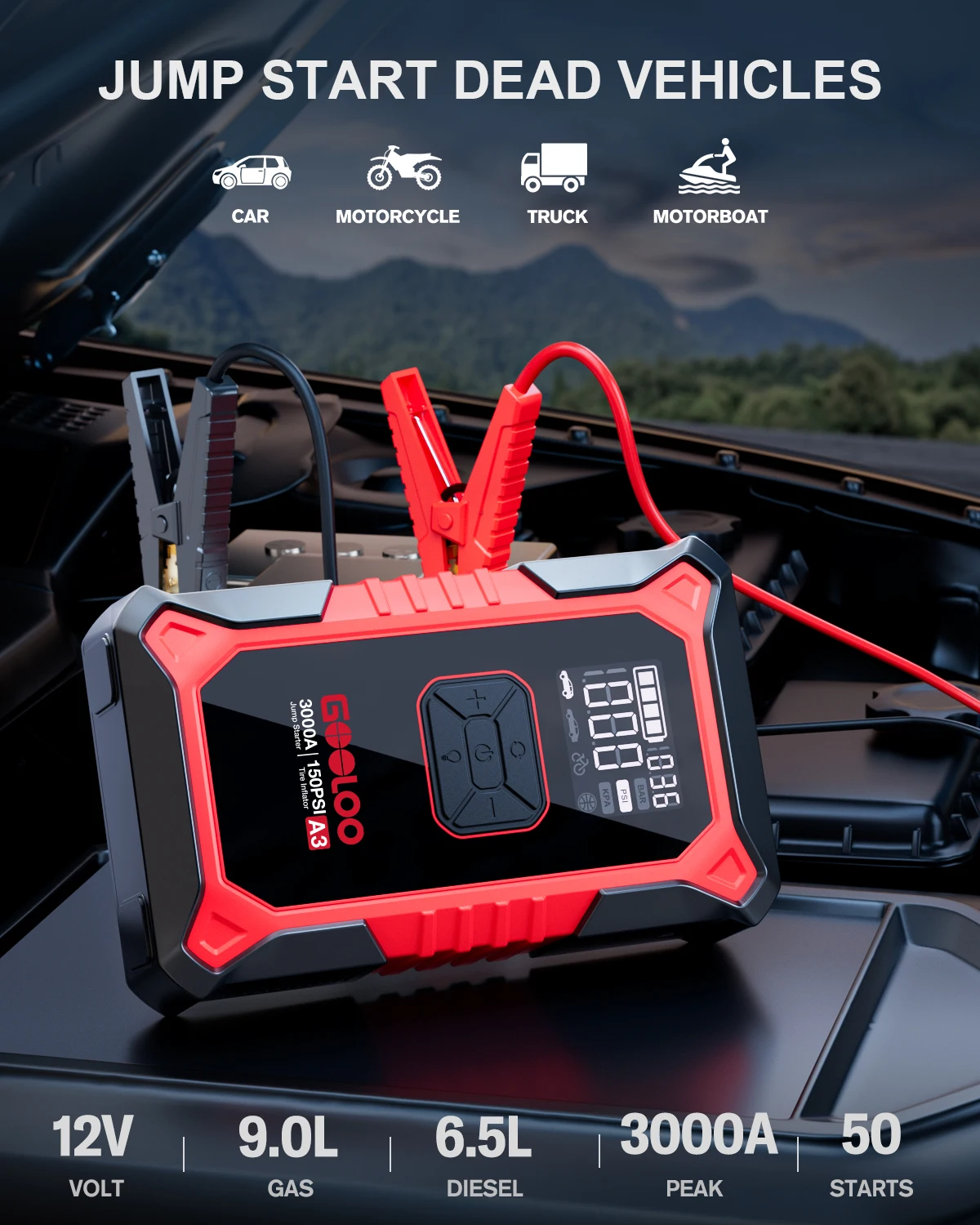 GOOLOO A3 Jump Starter مع ضاغط هواء، معزز بطارية السيارة المحمول 3000 أمبير (9.0 غاز/6.5 لتر ديزل) مع إيقاف تلقائي 150 رطل لكل بوصة مربعة