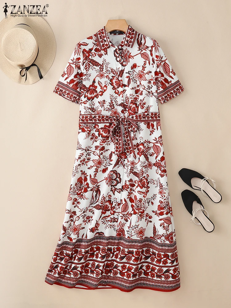 ZANZEA Women Fashion Floral Printing Maxi Dresses Elegant Tie Waist Short Sleeve Collared Shirt Dress Summer Casual Vestidos