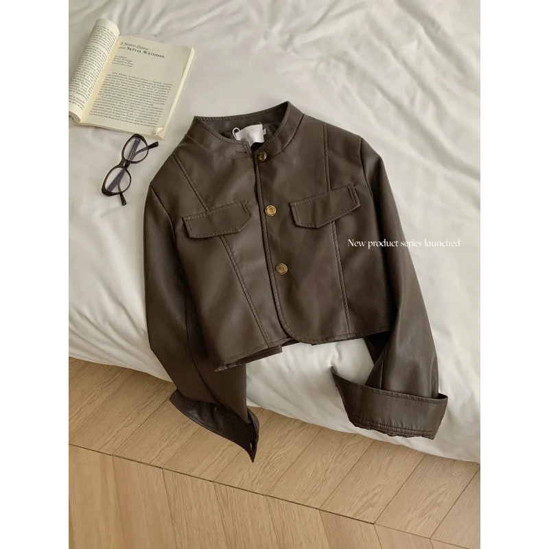 

Retro Motorcycle Stand Collar Fashionable and Popular Loose Short Pu Leather Jacket