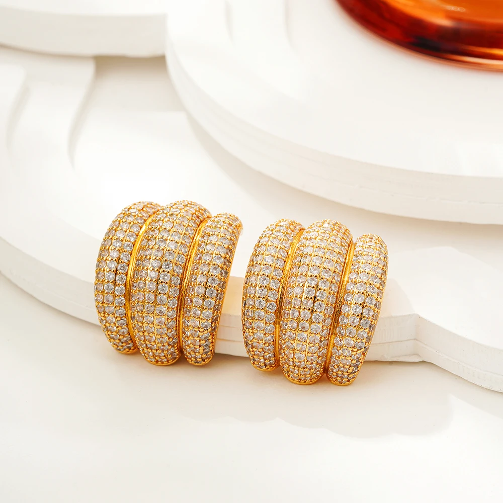Designer Triple Ridge Medium Stud Earrings 18K Gold Plated Luxury Aesthetics Shiny Zircon  Statement Earring Party Jewelry Gift