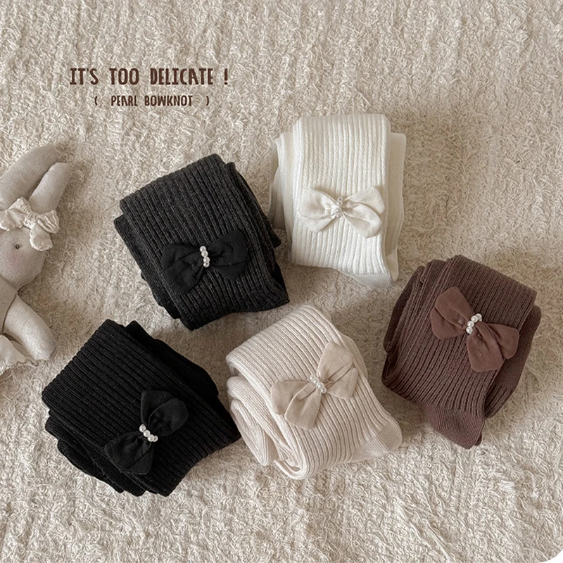 Girls Pantyhose For Infants Newborns Toddlers Stocking Sweet Bowknot Pearl Tights For Kid Autumn Warm Baby Girls Tights