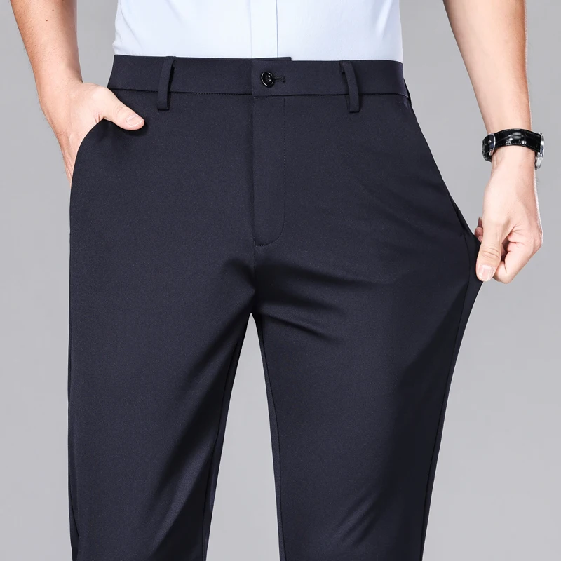 New Summer Casual Brand Men Stretch Smooth Trousers Male Elastic Waist Korean Classic Thin Black Blue Business Office Suit Pants