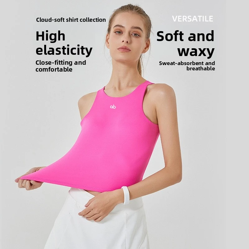Summer Women Double Layer Crew Neck Yoga Tank Top Soft Cloud Fabric High Stretch Sleeveless Fitness Tops