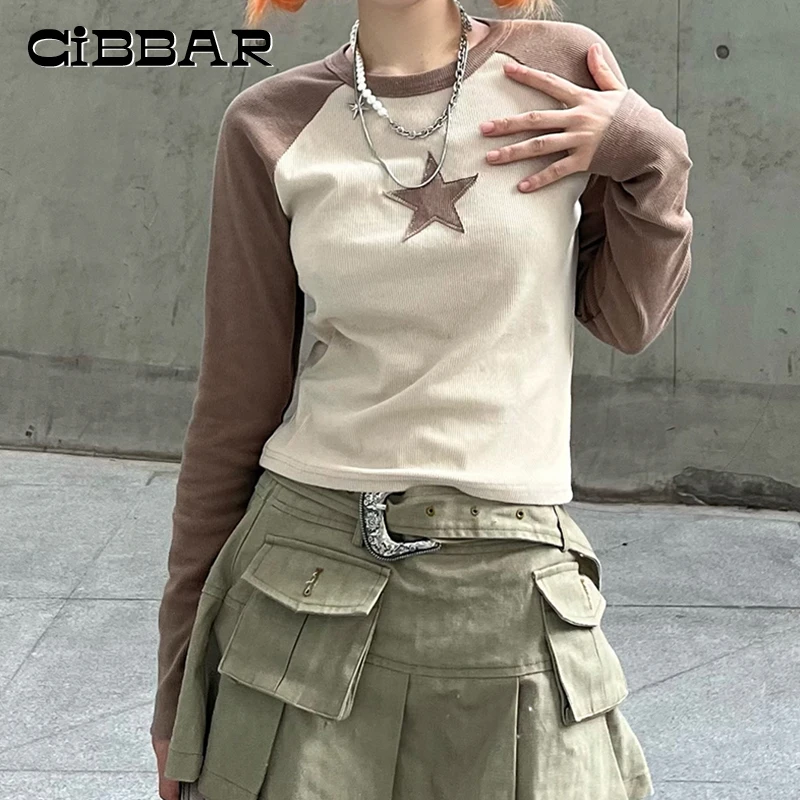 CIBBAR Harajuku Full Sleeve Crop Top Cute Star Stitched Crewneck Basic T-shirt Women Casual Patchwork Vintage Tee Streetwear Y2k