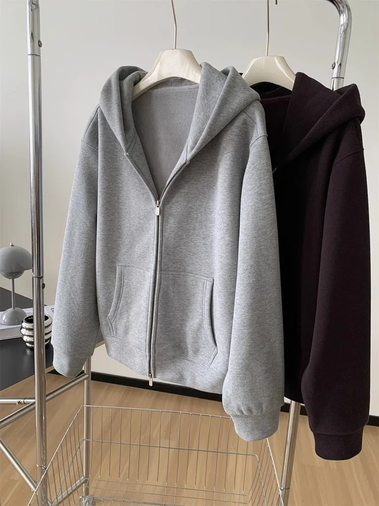 Plus Size Fce Hoodie Jaet Damen Lazy Oversized Zipper Cardigan Winter Thiened Inner ket Long Sve Korean Sle