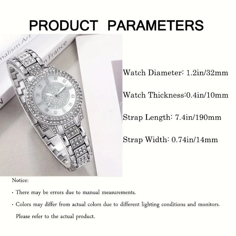 Women\'s Watch Luxury Rhinestone Quartz Watch Rome Fashion Analog Wrist Watch & 6pcs Jewelry Set, Gift For Mom Her