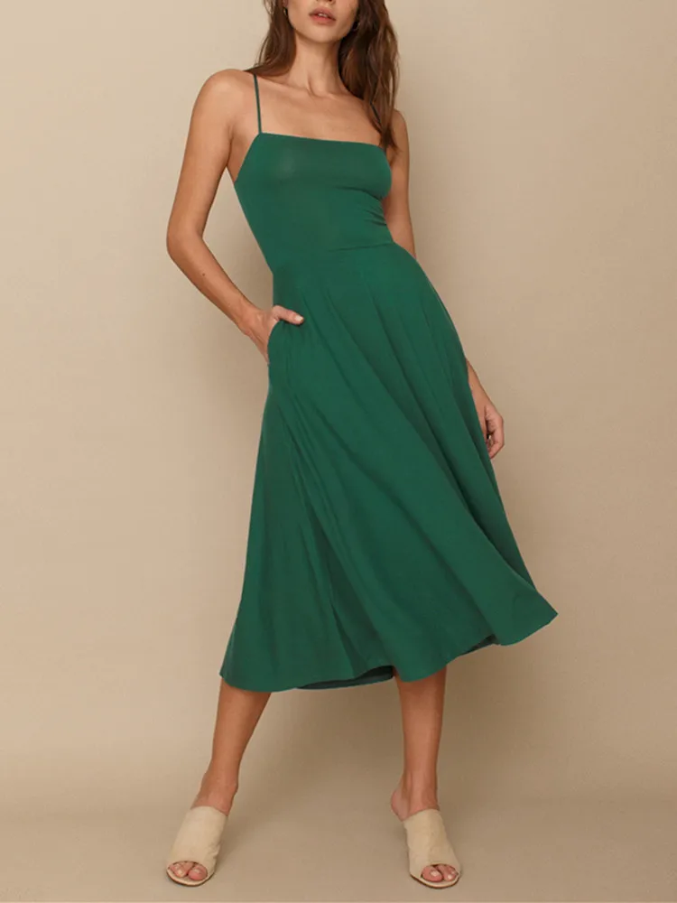 

Sexy Women Sling Midi Dress Spring Summer Female Sleeveless Strapless Slim Waist Long Dresses 2 Colors