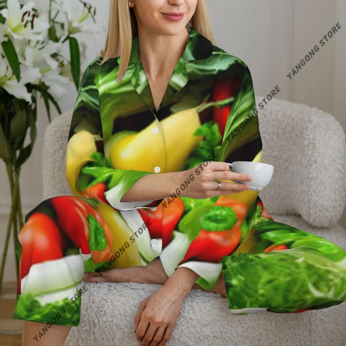

Весенне-осенний пижамный комплект, женские брюки с длинными рукавами, комплект из двух предметов со свежими овощами, комплект для домашнего интерьера