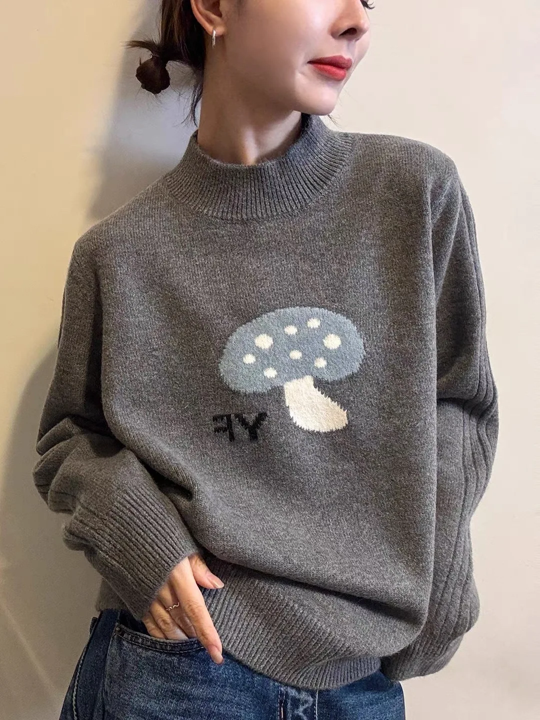 

Ele Embroidered Loose Fit Knit Sweater f High Ne Women's Sle Autumn Winter Faion Trend Base Layer Top