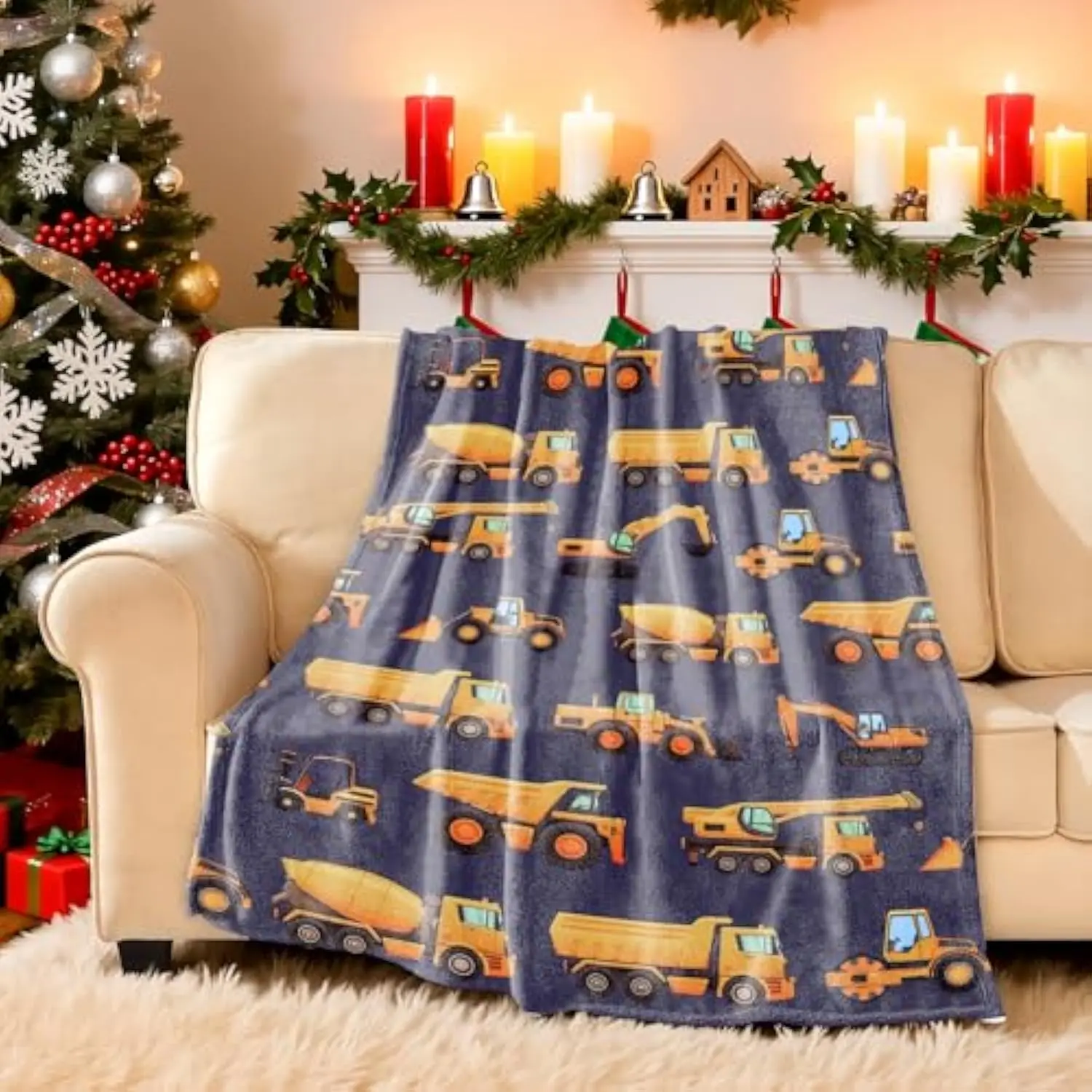 Construction Trucks Vehicles Fleece Blanket for Kids Boys Soft Throw Blanket for Couch Sofa Bed