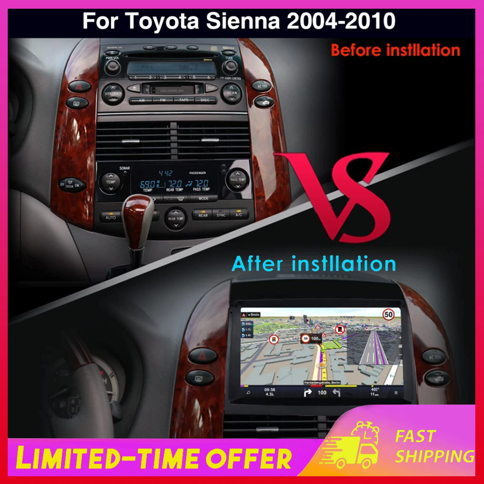 

10-дюймовая автомагнитола на Android 13 с CarPlay, GPS, Wi-Fi для Toyota Sienna 2004-2010, мультимедийный проигрыватель, интеллектуальная система, запчасти