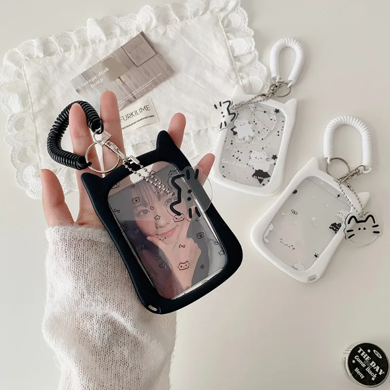 Ins Aesthetic Girly Transparent Card Holder - Cute Cat Cartoon Design, Student Campus/Bus Card Lanyard, Scratch-Resistant Case