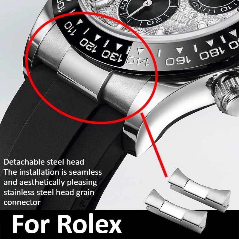 For Rolex stainless steel solid connection head black Submariner Daytona GMT Datejust Skywalker rubber Watch strap