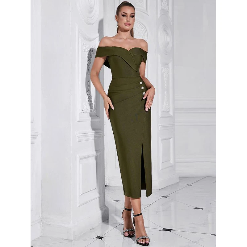 MSMUSI 2025 New Fashion Women Sexy Off The Shoulder Button Sleeveless Fold Backless Bandage Party Club Bodycon Event Midi Dress