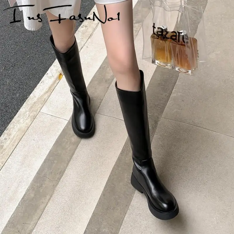 Genuine Leather Solid Color Knee High Boots Women Chunky Round Toe Back Zipper Knight Boots Autumn Winter Office Lady Booties