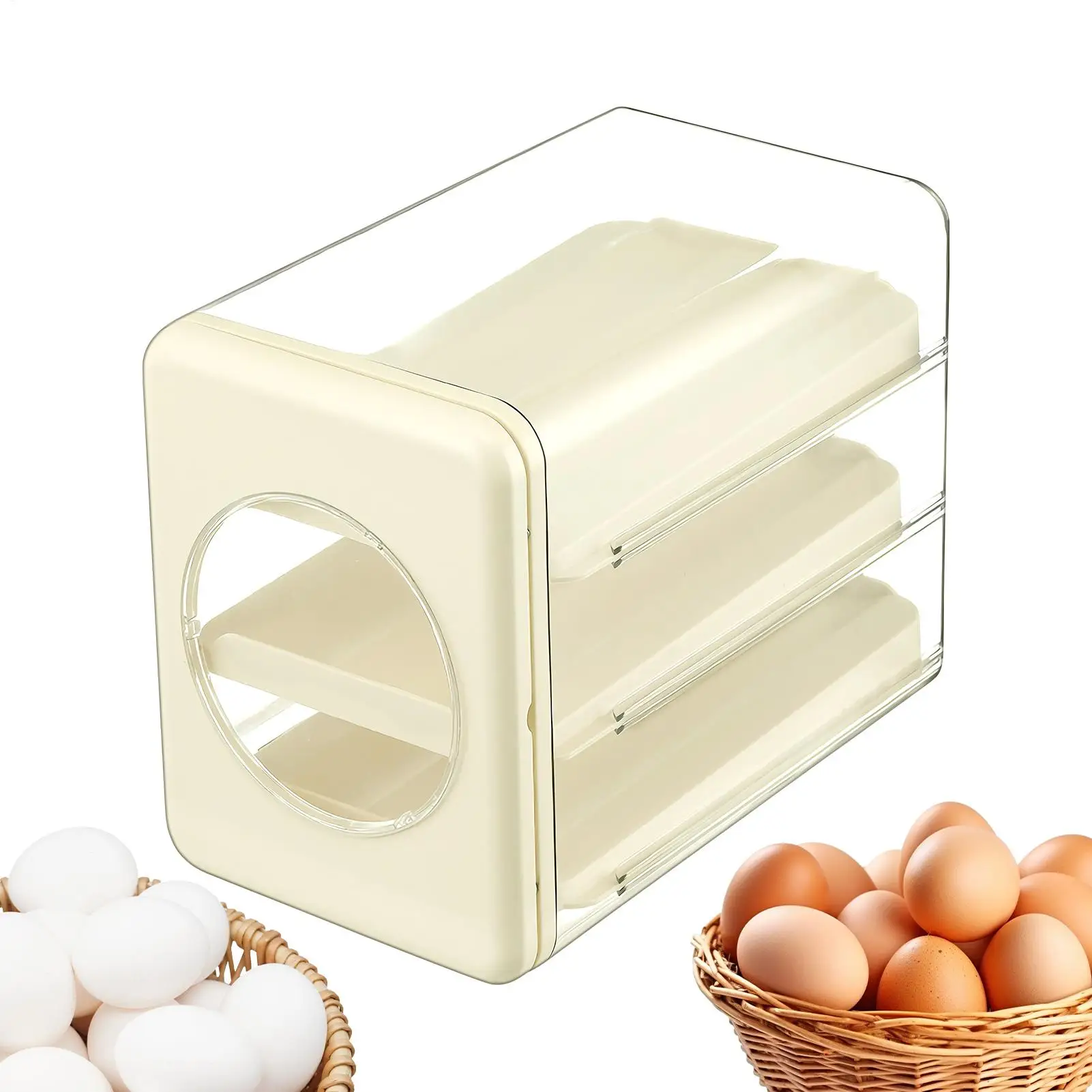 Rolling Egg Dispenser Clear Sloped Track Design Organizer Rack with Drawer Inner Automatic Sliding Fridge Egg Holder for Kitchen