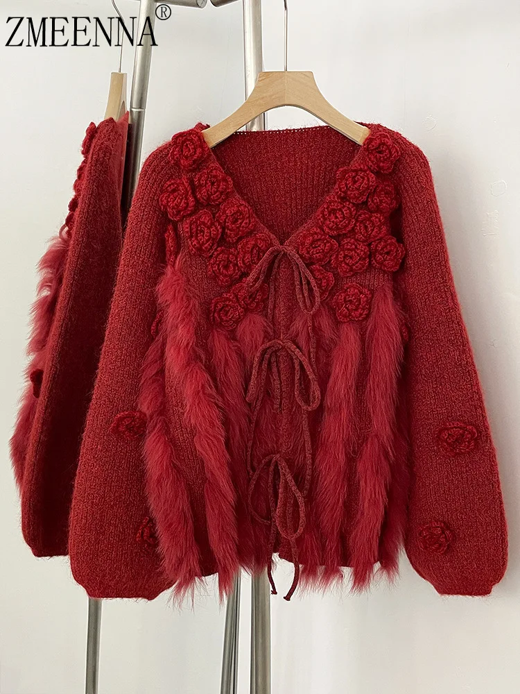 ZMEENNA Women's Red Knit Cardigan Floral Rose Applique Faux Fur Trim Tie Front Long Sleeve V-Neck Winter Outerwear ZM4207