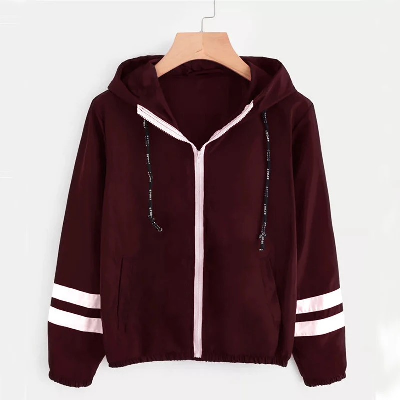 Mode Mit Kapuze Windjacke Jacke Frauen Elegante Farbe Block Patchwork Zipper Bomber Jacke Herbst Mantel Lässig Oberbekleidung Regenmantel