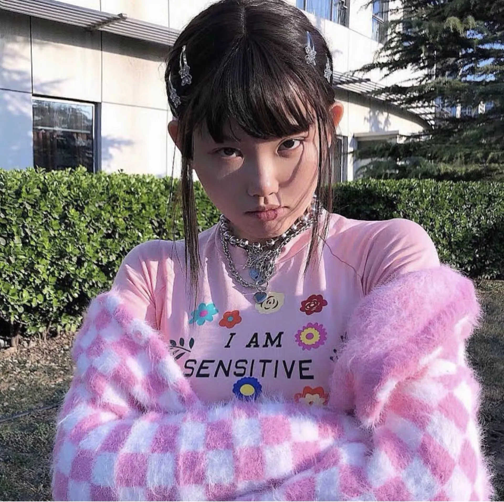 Soft Pink Fantasy Checkerboard Lolita Girls Sweater Coat Imitation Mink Plaids Knitted Cardigan Mohair Jacket Cardigan Crop Tops