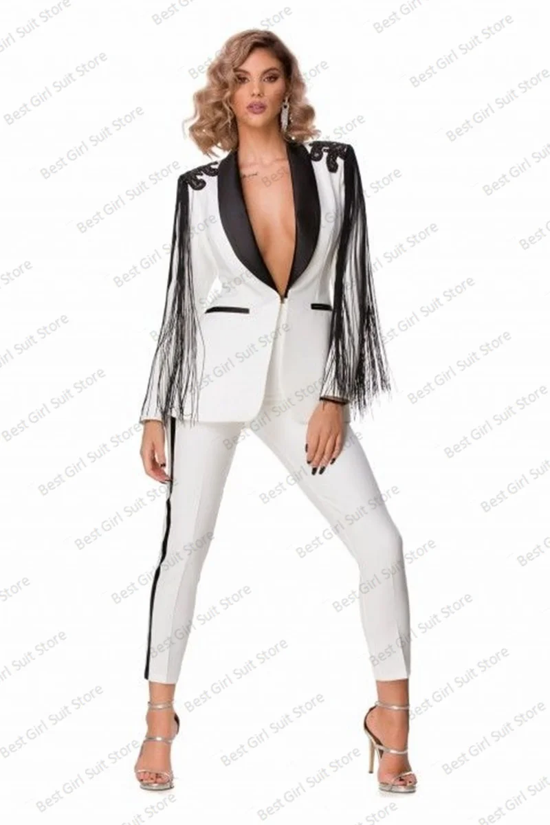 Blazer de casamento feminino e conjunto de calças, vestido de baile, branco e preto, vestido de borla, gola V sexy, jaqueta de festa, sob medida, 2 peças