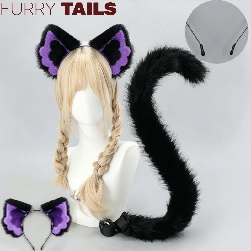 

New Handmade Black Cat Ear Tail Set Anime Ark Purple Headband Cosplay Props Night Party Animation Cute Plush Cat Ears