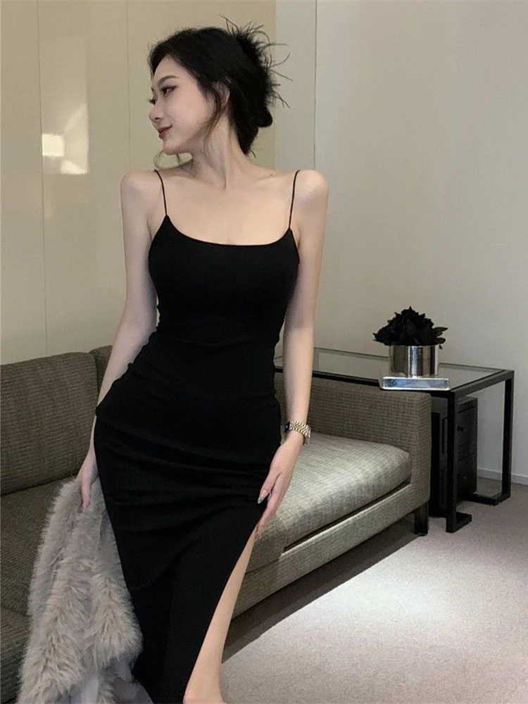 Vestido camisola con aberturas laterales para mujer, ropa de calle Sexy Y2K, vestido Midi ajustado francés elegante con tirantes finos, Vestidos de fiesta con tirantes